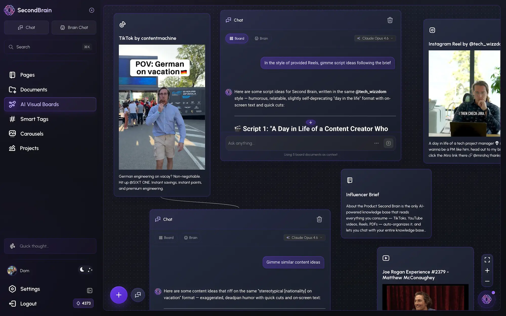 Second Brain visual board — TikToks, Reels, briefs, and AI chats on one infinite canvas