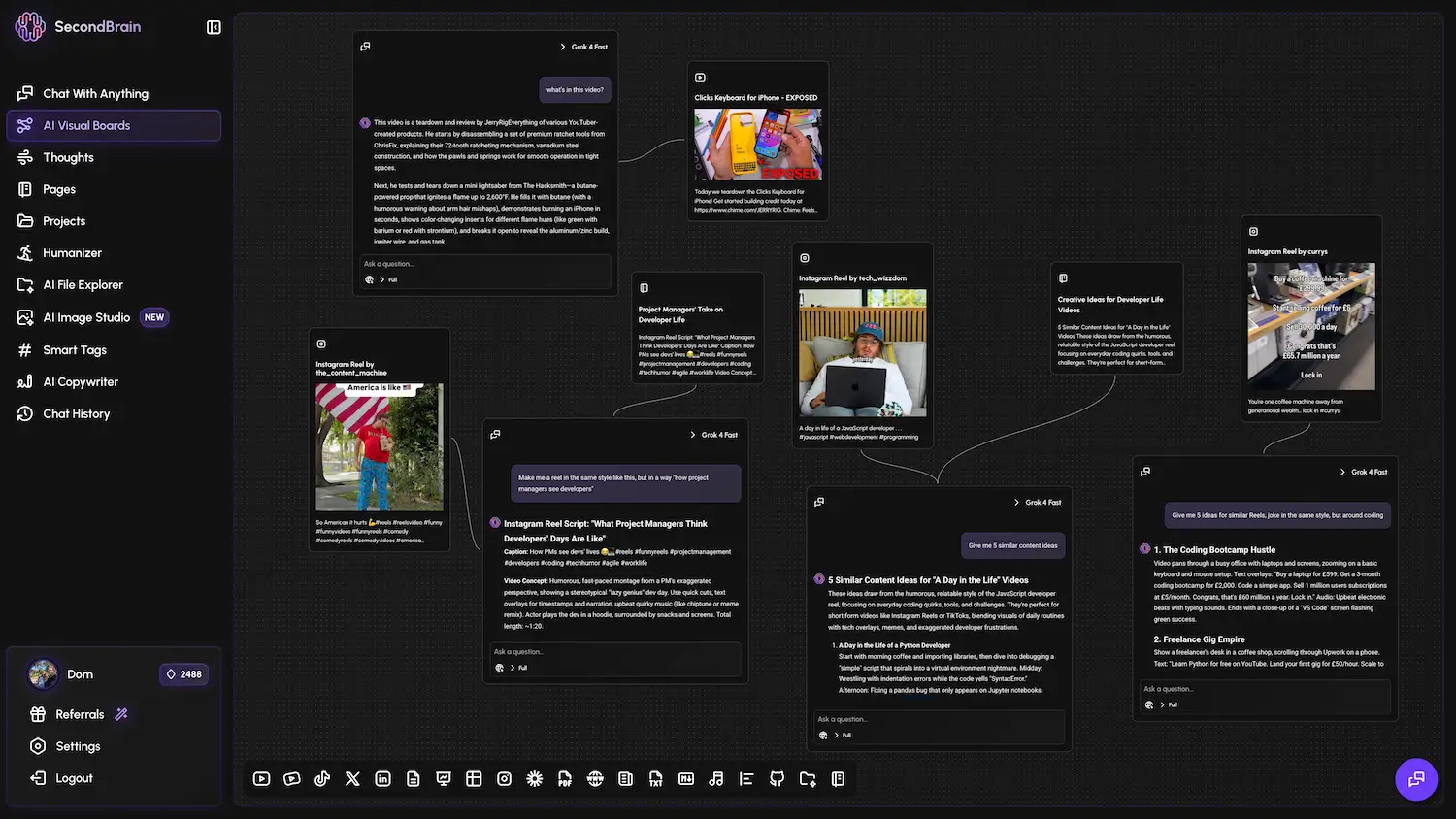 AI Visual Board and Infinite Canvas with multiple chat nodes, context, and Notion-like Pages