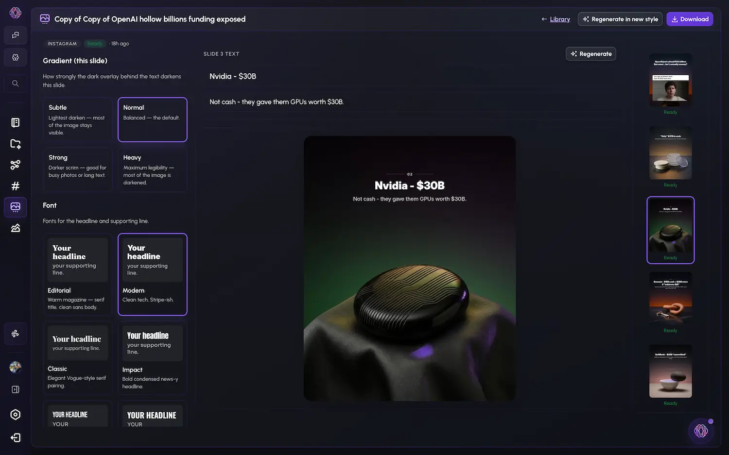 Examples of AI-generated Instagram carousels with bespoke design per slide - made from a single prompt or video idea