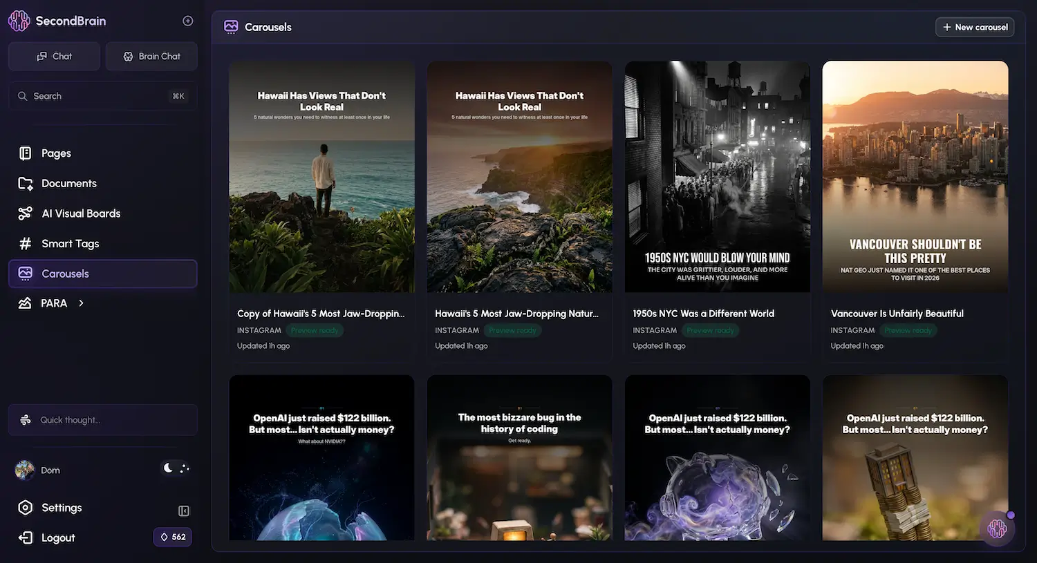 Grid of AI-generated Instagram carousels created with Second Brain - bespoke design per slide