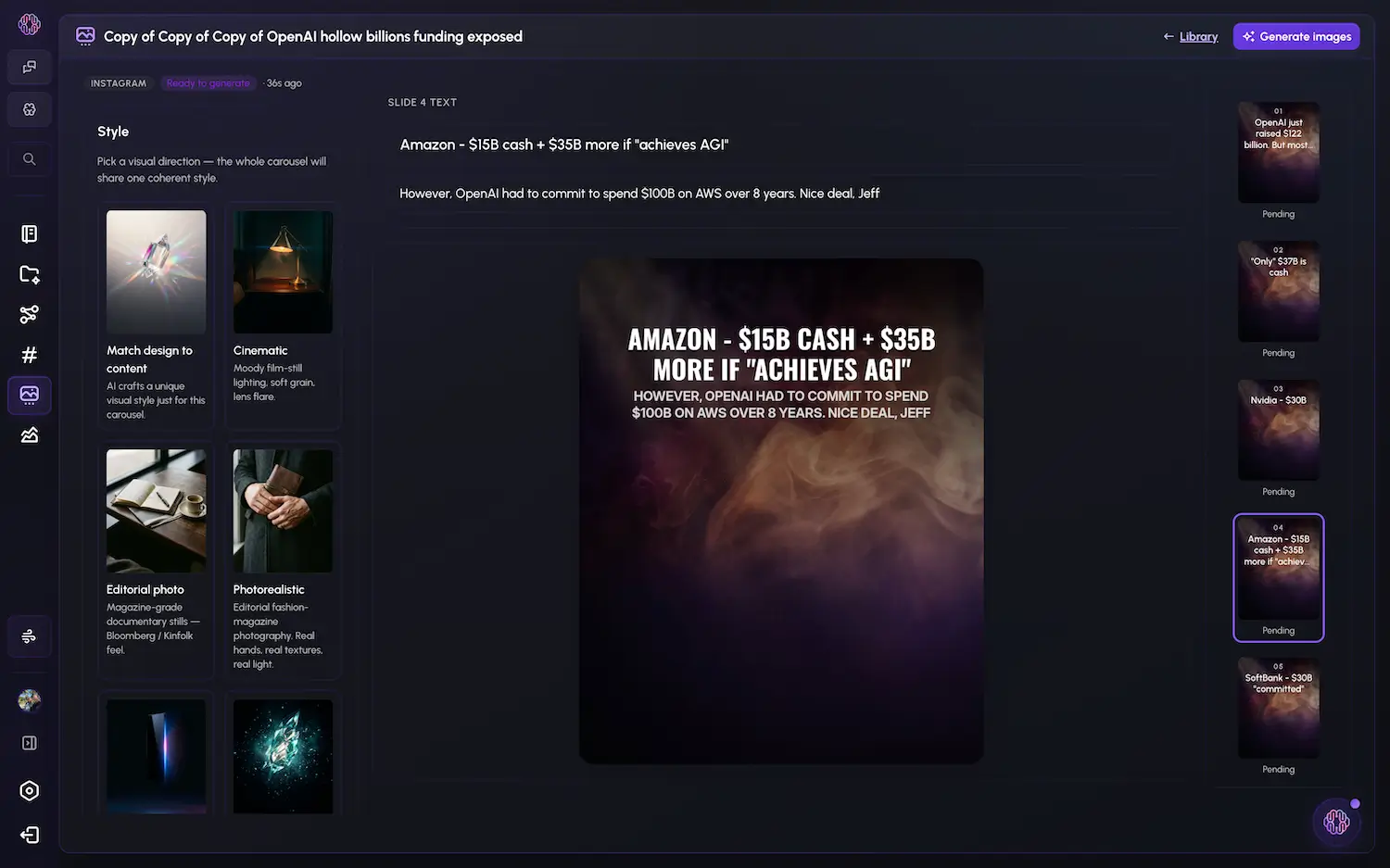 Picking AI carousel style, font, layout, and other properties.