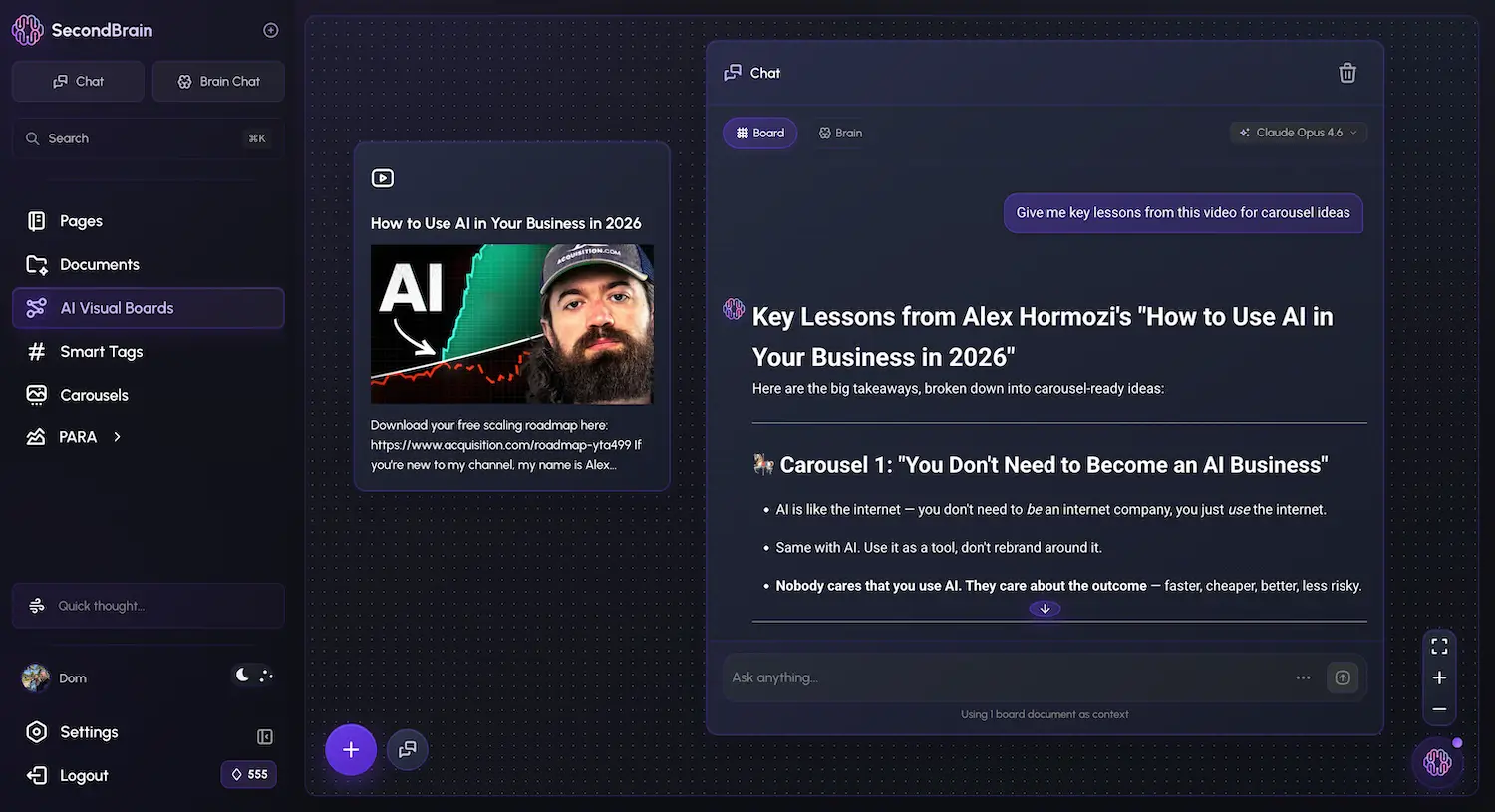 Second Brain Visual Board with a YouTube video connected to a chat node - extracting carousel ideas from a video